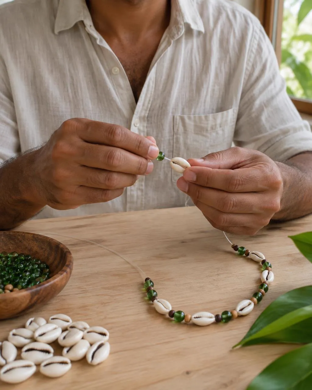 Homem montando à mão uma guia de um fio só com búzios e contas verdes (imagem ilustrativa)