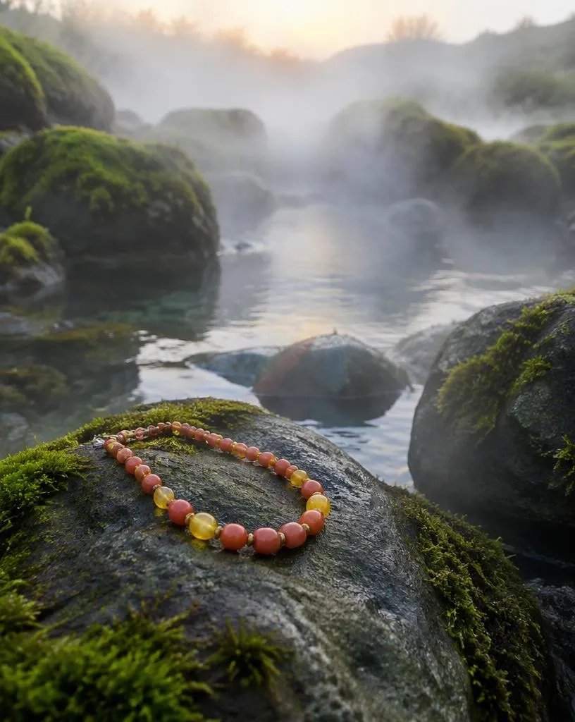 Nascente entre pedras com névoa ao amanhecer e guia coral e amarela (imagem ilustrativa)