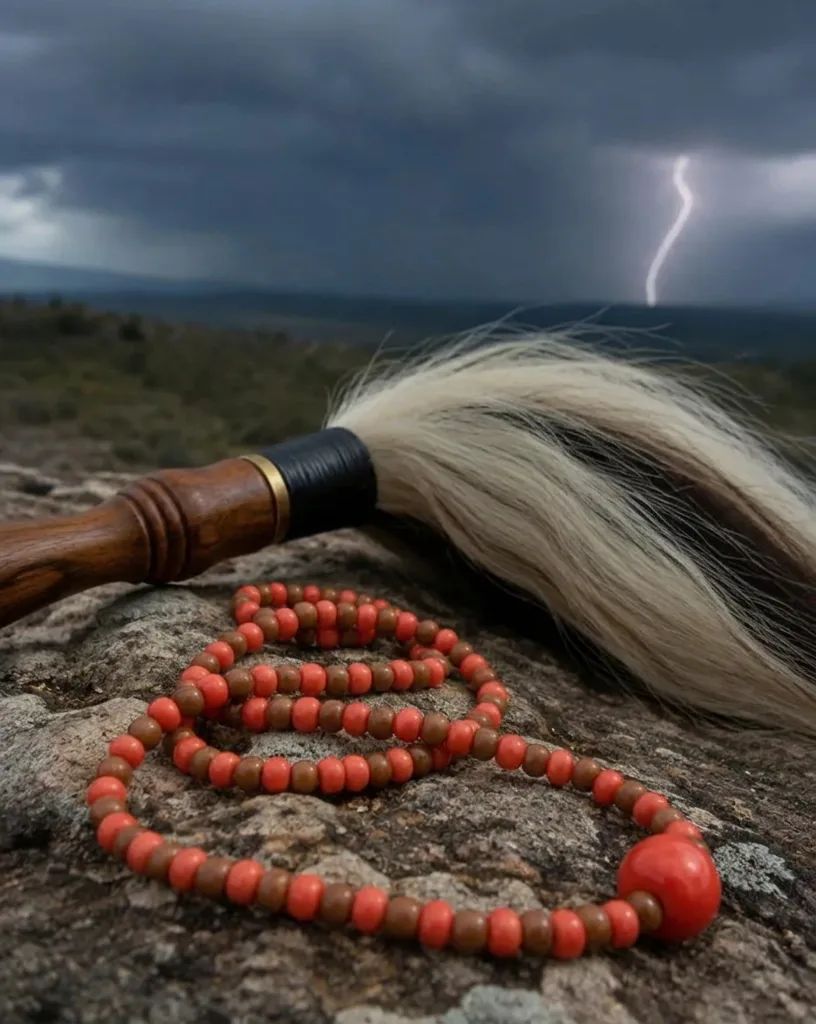 Eruexim de crina sobre pedra e guia coral e marrom, com céu de tempestade ao fundo (imagem ilustrativa)