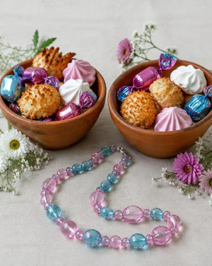 Duas tigelinhas de barro com doces coloridos, flores pequenas e guia rosa e azul-clara (imagem ilustrativa)