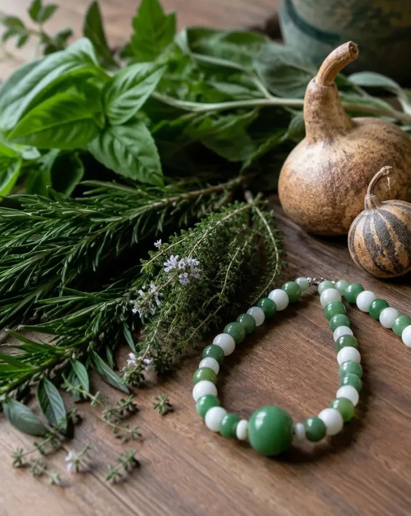 Ervas frescas e cabaças sobre mesa de madeira com guia verde e branca (imagem ilustrativa)