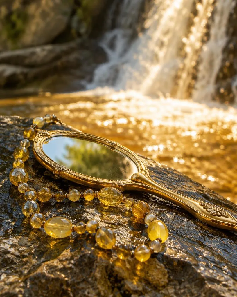 Espelho dourado sobre pedra junto a uma cachoeira com guia amarelo-ouro (imagem ilustrativa)